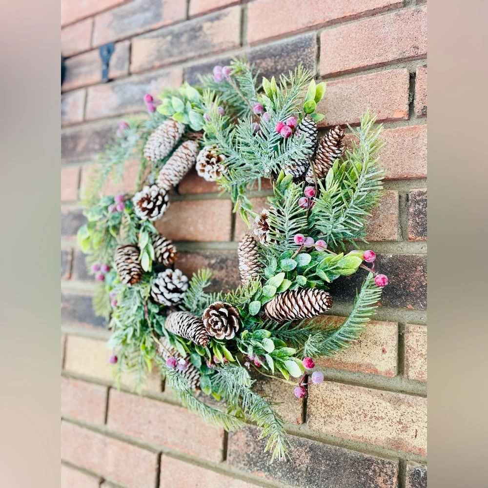 Frosty Cedar, Pinecone & Red Berry Wreath
